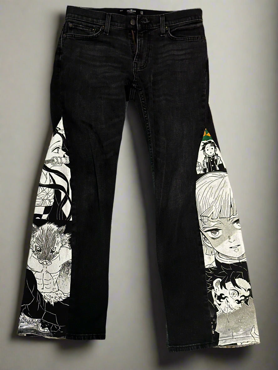 Black jeans with graphic design on a textured surface