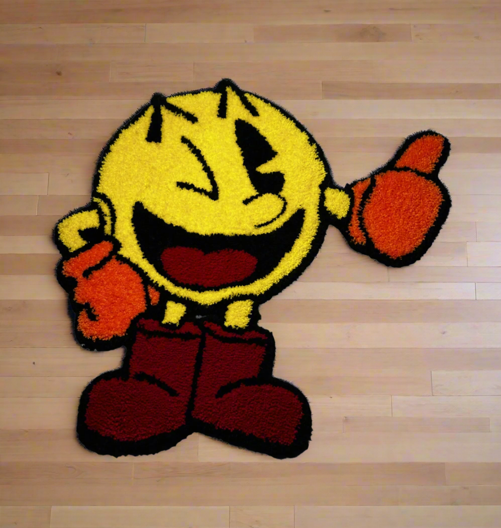 Handmade Retro Pac-Man tufted rug in yellow and blue